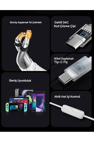 Kz Type-c Gümüş Dac Kulaklık Kablosu Mikrofonlu
