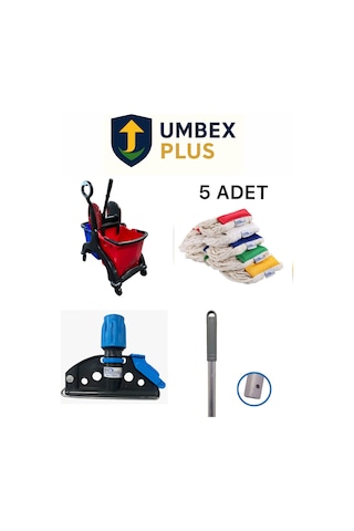 Umbex Çift Kovalı Plastik Temizlik Arabası Paspas Arabası Islak Mop Seti 5 Islak Mop