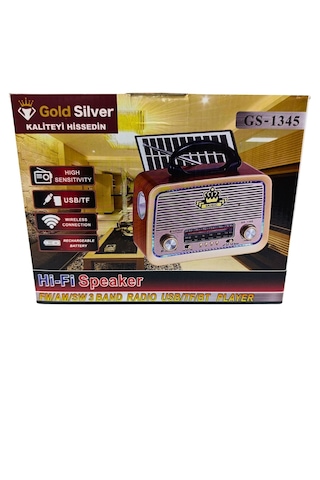 Gold Silver Gs-1345 Güneş Enerjili Led Işıklı Nostaljik Radyo Fenerli Şarjlı Bluetooth Hoparlör Usb Tf