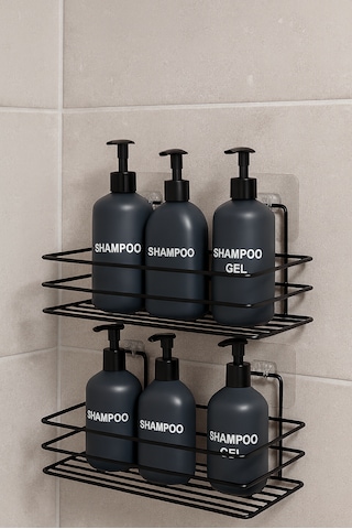 2 Adet - Yapışkanlı Paslanmaz Siyah Banyo Düzenleyici Organizer - Şampuanlık Siyah