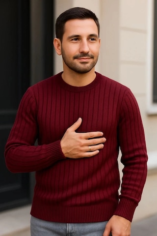 Erkek Bisiklet Yuvarlak Yaka Triko Kazak Pamuklu Kalın Fitilli Dokuma, Regular Fit Uzun Kollu Kışlık Bordo