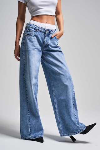 it's basic Kadın Mavi Kot Rengi 4s5-4 Boxer Detaylı Palazzo Fit %100 Koton Denim Jean Mavi 4s5-4