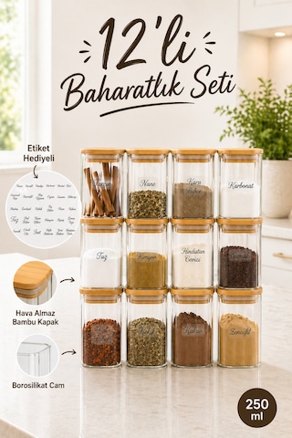 12'li Bambu Vakum Kapaklı Pinterest Tasarım Baharatlık Saklama Kabı - Borosilikat Cam Mini Kavanoz Seti 250 Ml Şeffaf