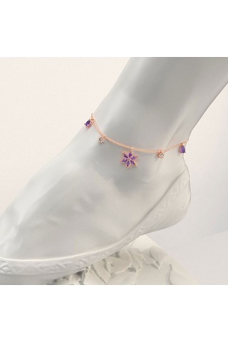 İndigo Takı Ametist Taşlı Lotus Çiçeği Rose Gümüş Halhal Çok Renkli