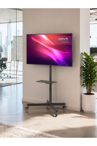 Tekerlekli Tv Standı 32-55 Inç Ekonomik Seri Yükseklik Ayarlı Raflı 35 Kg Kapasiteli Siyah