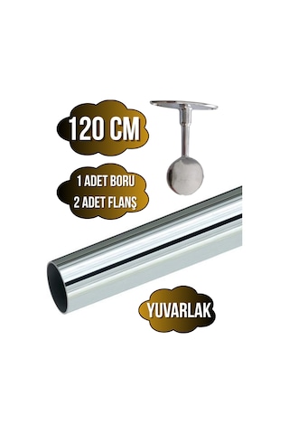Metal Yuvarlak Krom Mobilya Askı Borusu 120cm 2 Adet Ayaklı Kapalı Flanş-1 Adet Boru Çap:25mm Gri