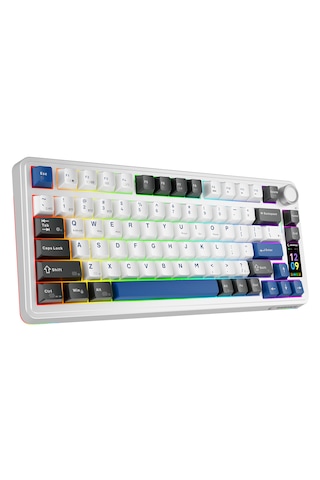 Rampage Quell Pro Ekranlı Beyaz Hot Swap 2.4g + Bt Wireless Rgb Gasket Oil Switch English Layout Pbt Mekanik Oyuncu Klavyesi