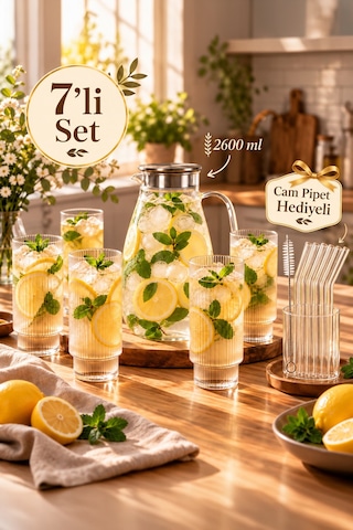 Porsima Borosilikat Metal Kapaklı Çizgili Cam Sürahi Ve 6'lı Meşrubat Bardak Seti 2600 Ml Sürahi + 6x250 Ml Bardak + Cam Pipet Hediyeli
