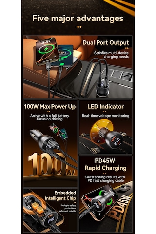 100w Araç Şarjı Type-c Usb Çift Girişli Hızlı Pd Ce Lisanlı