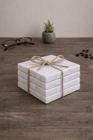 4 Lü Set El Yapımı Mermer Bardak Altlığı 10x10 Cm Doğal Mermer Diğer