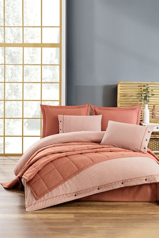 Life %100 Pamuk Nevresim Takımı Ve Yatak Örtüsü 7 Parça Orange Bej
