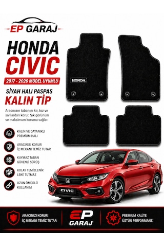Honda Civic 2017 2026 Uyumlu Siyah Halı Paspas Kalın Tip 4 Parça