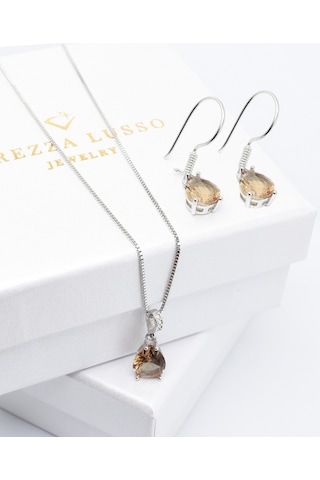 Brezza Lusso Jewelry Zarit Sultanit Taşlı Kadın Gümüş Kolye Küpe Seti