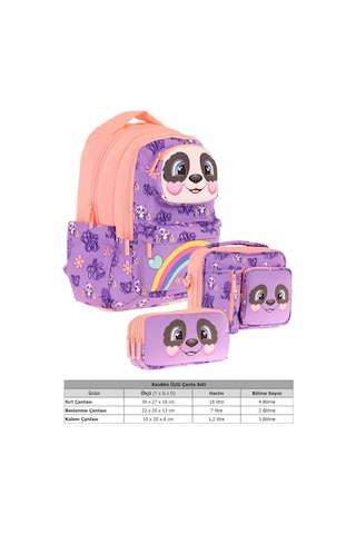 Kaukko Kids 3d Panda Şekilli Kız Çocuk Üçlü Okul Çantası Seti/takımı - Mor Somon L5233+l7233+l8233 Mor