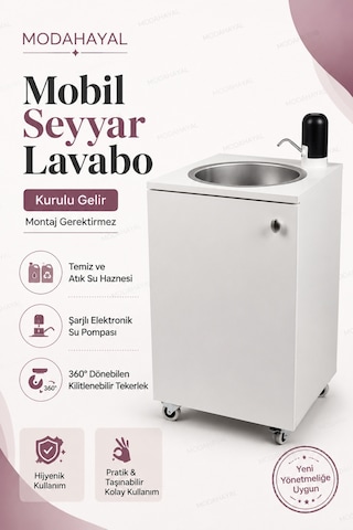 Mobil Lavabo Seyyar Lavabo Yeni Yönetmeliğe Uygun Model Şarjlı Elektronik Musluklu Çift Su Hazneli 360 Tekerlekli Paslanmaz Evyeli Beyaz
