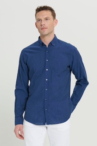 AC&Co / Altınyıldız Classics ERKEK INDIGO Comfort Fit Rahat Kesim Düğmeli Yaka Casual Keten Gömlek İndigo