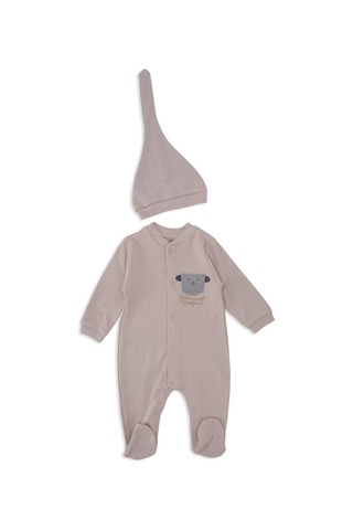 Unisex Bebek Hayvan Nakışlı Raporlu Çıtçıtlı Şapkalı Patikli Tulum 001