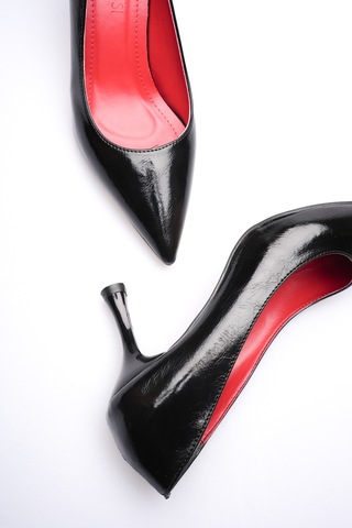 Alewomen Shoper Siyah Rugan Sivri Burun Orta Topuk Stiletto Kadın Ayakkabısı Siyah Rugan