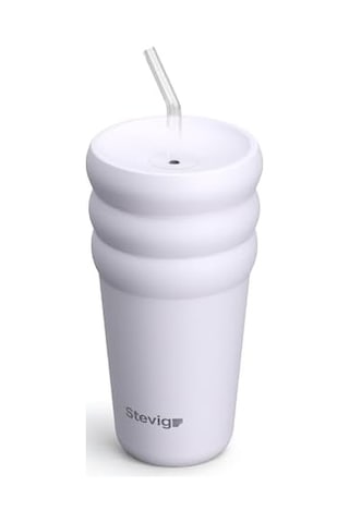3 Bubble Two-cap Straw Tumbler Çelik Termos 600 Ml Lilac Hint St-245 Açık Bej