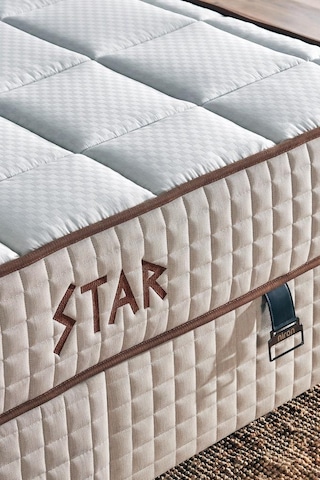 Star Yatak Seti 180x200 Cm Çift Kişilik Yaylı Sert Ortopedik Yatak Krem Keten Lüks Baza Başlık Takım