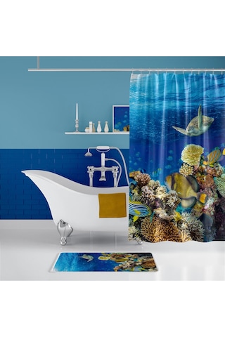 Zethome Aquarium Banyo Paspas ve Tek Kanat Duş Perdesi 1x180x200 Mavi