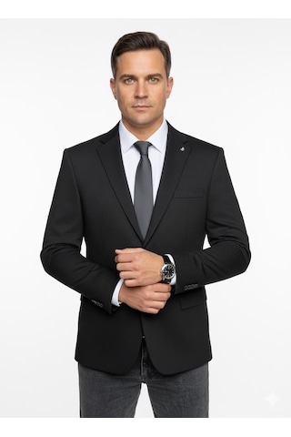Plus Scorpion Erkek Bej Slim Fit Blazer Ceket Çizgili Dokulu Kumaş Çift Düğmeli Siyah