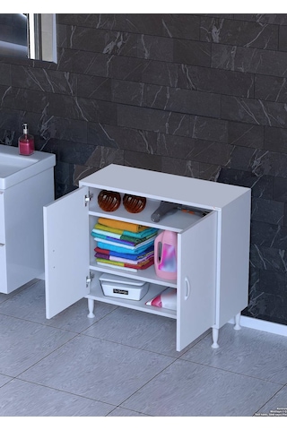 Eliusta Sabir 85 Cm 2 Raflı Beyaz Banyo Mutfak Dolabı 3 Bölmeli Çok Amaçlı Dolap 85x75x32,5 Cm Düzenleyici Beyaz