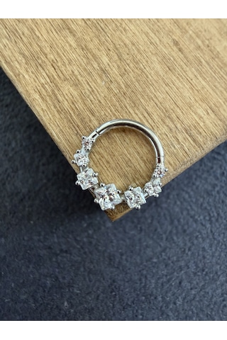 316 L Cerrahi Çelik Oval Zirkon Taşlı Pırlanta Model Halka Piercing Beyaz - Siyah