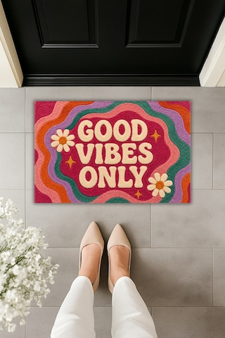 Rugmood Good Vibes Only Boho Retro Dekoratif Kapı Önü Paspası 70x45 Cm Çok Renkli