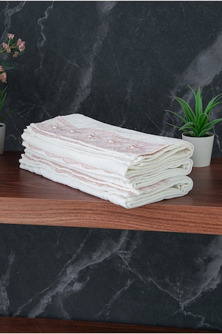 % 100 Pamuklu Kadife Güpürlü İnci Işlemeli 6 Lı Çeyizlik El Yüz Havlu Seti - 30x50 Cm - 04466 - Pembe Pembe