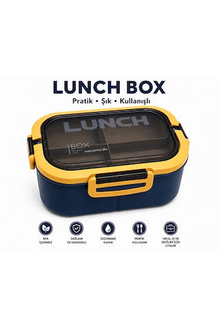 Bölmeli Lunch Box Sızdırmaz Kapaklı, Çatal Kaşık Bıçaklı Pratik Yemek Saklama Kabı Beslenme Kabı Lacivert