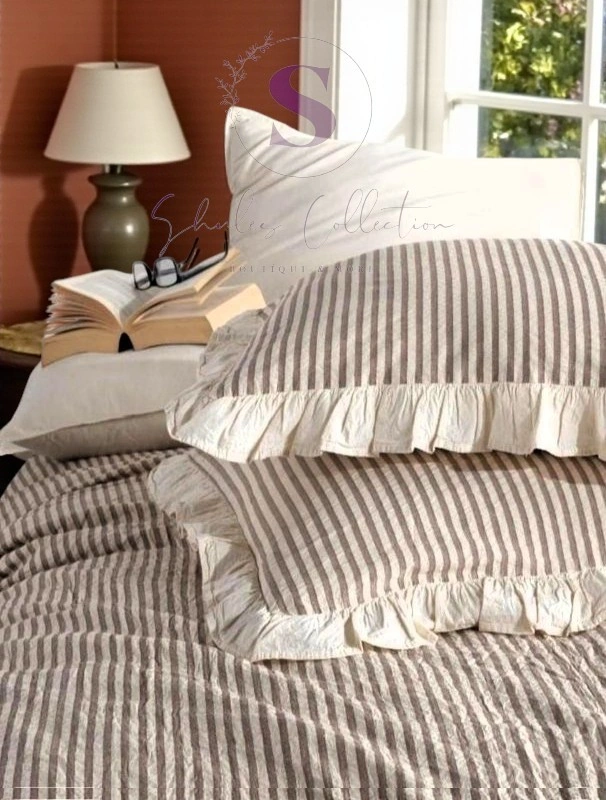 Kahve-bej % 100 Pamuk Fırfır İplik Boyalı Çift Kişilik Nevresim Takımı,modern Çizgili Yorgan Ve Çarşaf Seti Çok Renkli