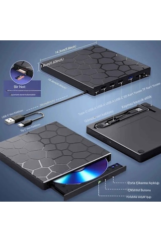 Techtic 8 Si 1 Arada Harici Cd Dvd Yazıcı Usb 3.0 Type-c Çoklu Usb Hub, Sd/tf Kart Okuyucu, Taşınabilir Optik Sürücü