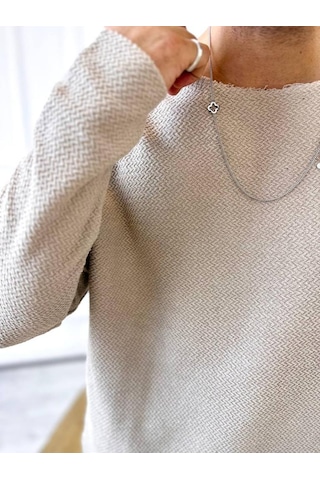 Kazak Oversize Tüylenmez Lazer Kesim Örme Keten Naturel Pamuk Karışımı Sweatshirt Krem