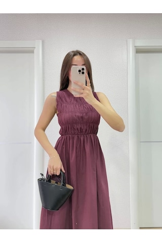 Kolsuz Göğüs Lastıklı %100 Poplin Uzun Elbise - Bordo Bordo