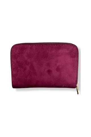 Me-vo Kadın Süet Mini Cüzdan, Fermuarlı, Bordo, 8 Kartlık, Metal Düğmeli Bordo