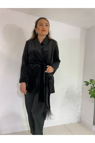 Büyük Beden Uzun Kollu Siyah Kadife Ceket