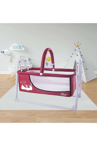 Chubby Baby Müzikli Melodi Kutulu Candy Sepet Beşik Sallanır, 2 Peluş Oyuncaklı Beşik Bordo