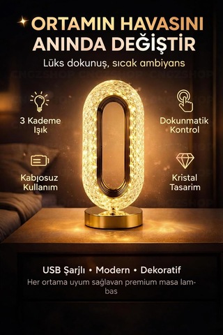 Dokunmatik Şarjlı 3 Kademeli Işıklı Kristal Led Masa Lambası, Altın, 12 X 24 Cm Çok Renkli