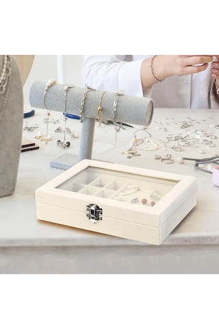 Willowhaven Bej Sku Kilitli 9 Bölmeli Kadife Mücevher Kutusu Yüzük Kolye Küpe Organizer