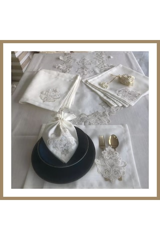 Kahveci.store Sofra Takımı Mimoza Gardenya Keten Yemek Takımı 160x220 Masa Seti 26 Parça Runner Set Kreme Gold 22 Altın
