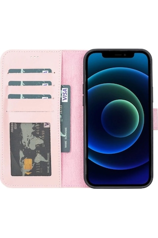 Apple Uyumlu iPhone 13 Pro Max Deri Cüzdanlı Kılıf Nu2 Pembe