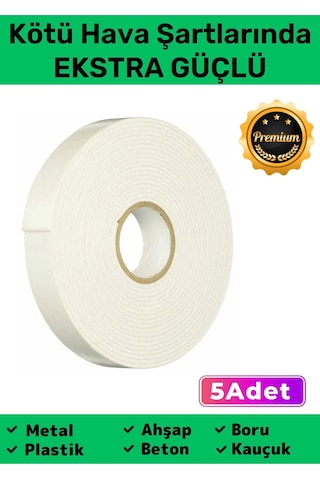 Extra Güçlü Uzun Ömürlü Kuvvetli Yapışkan Kolay Uygulanır İz Bırakmaz Çift Taraflı Köpük Bant 5 Adet