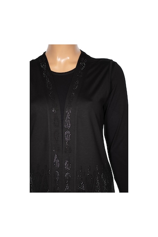 Hesna Kadın Seren Büyük Beden Taş Detaylı Penye Siyah Yelek Siyah