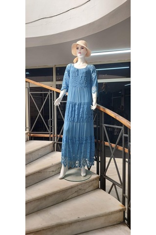 Eren Style İtalyan Sunshine İpek Detaylı Dantelli Elbise-9033 İndigo Mavisi