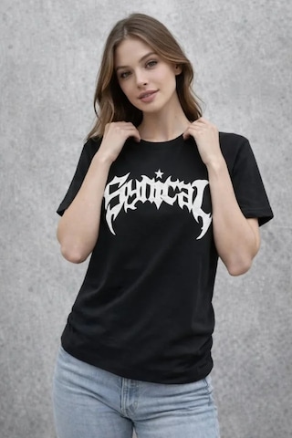 Mythrıva Bisiklet Yaka Ön Baskılı Kısa Kollu Tişört Streetwear Günlük Basic Pamuklu T-shirt - Siyah