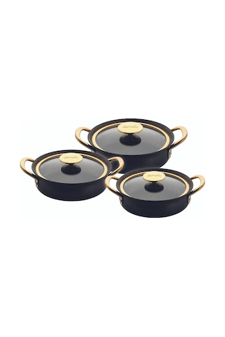 3724 - 6 Parça, Bio Granit, Sağlıklı, Bakraç Model Sahan Seti Siyah Gövde, Gold Detay Siyah