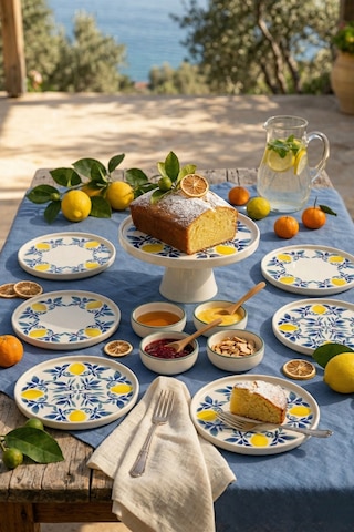 Limon 11 Parça 6 Kişilik Stackable Ayaklı Sunum Standlı Limon Seramik Tabak Seti & Kahvaltı Takımı Beyaz
