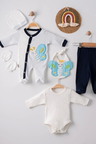 Cojans Kelebek Nakışlı Tulumlu % 100 Pamuk Erkek Bebek 5'li Set Çok Renkli