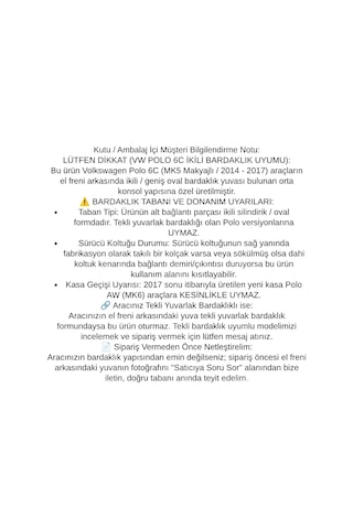 Volkswagen Vw Polo 6c Mk5 2014 2015 2016 2017 Ikili Bardaklik Uyumlu Araca Ozel Kolcak Kol Dayama Orta Konsol Siyah